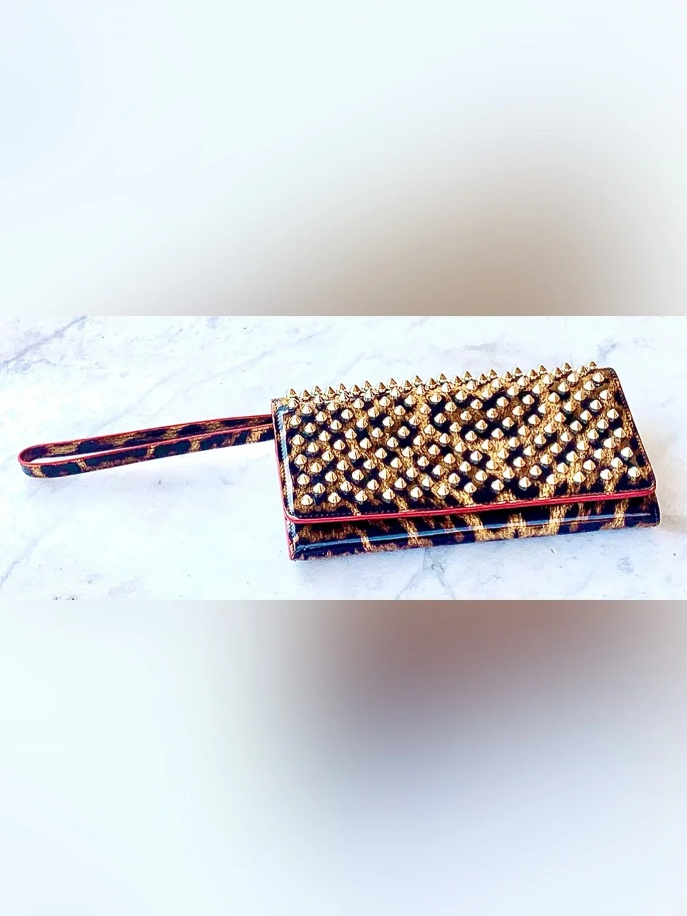 CHRISTIAN LOUBOUTIN MACARON PATENT SPIKED FLAP WALLET CLUTCH LEOPARD WRISTLET